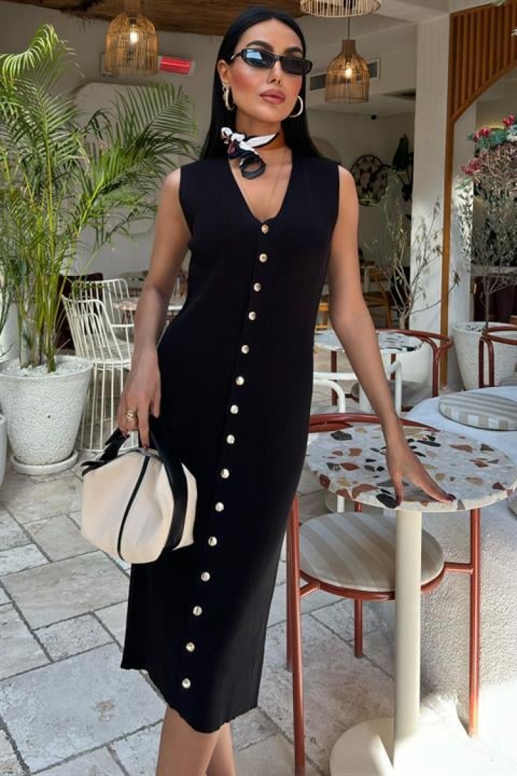 Front Buttoned Ribbed Sleeveless Dress
