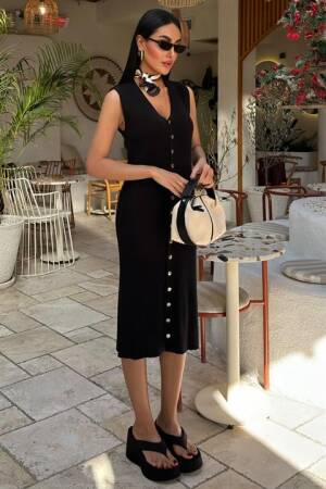 Front Buttoned Ribbed Sleeveless Dress - Sobe Istanbul - Globality Store - Women Clothes Wholesale Turkey