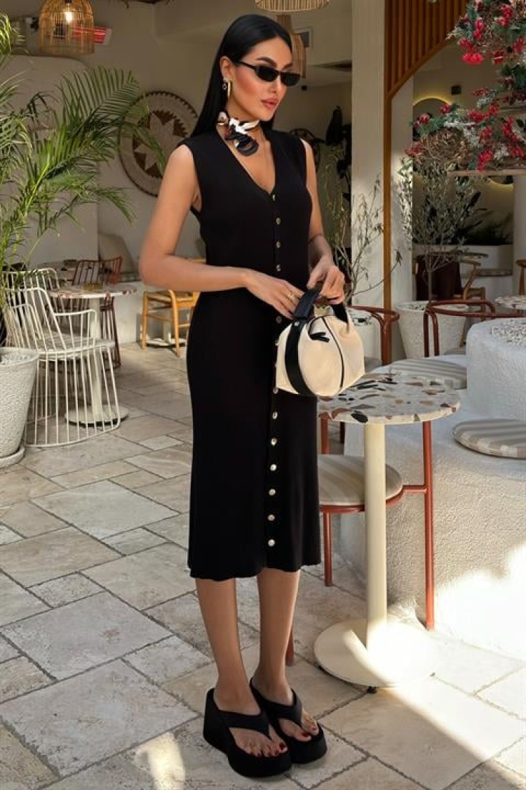 Front Buttoned Ribbed Sleeveless Dress