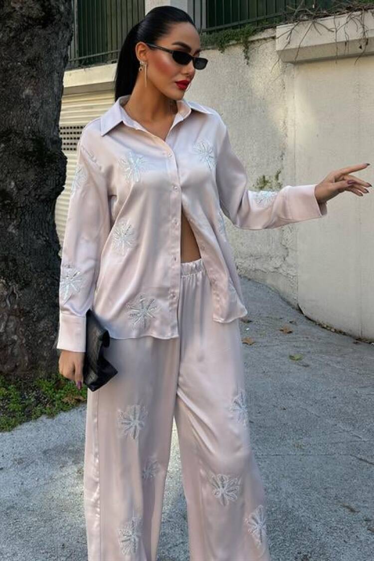 Sequin Sequin Silvery Floral Satin Double Set