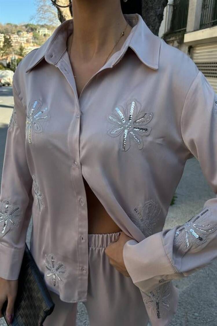 Sequin Sequin Silvery Floral Satin Double Set