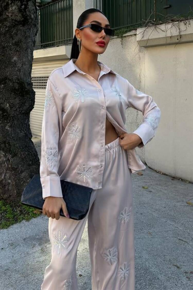 Sequin Sequin Silvery Floral Satin Double Set