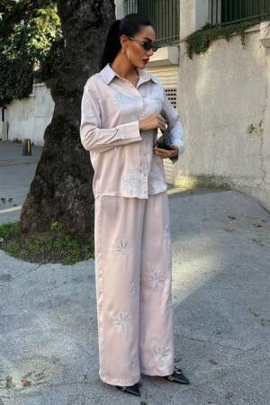 Sequin Sequin Silvery Floral Satin Double Set - Sobe Istanbul - Globality Store - Women Clothes Wholesale Turkey