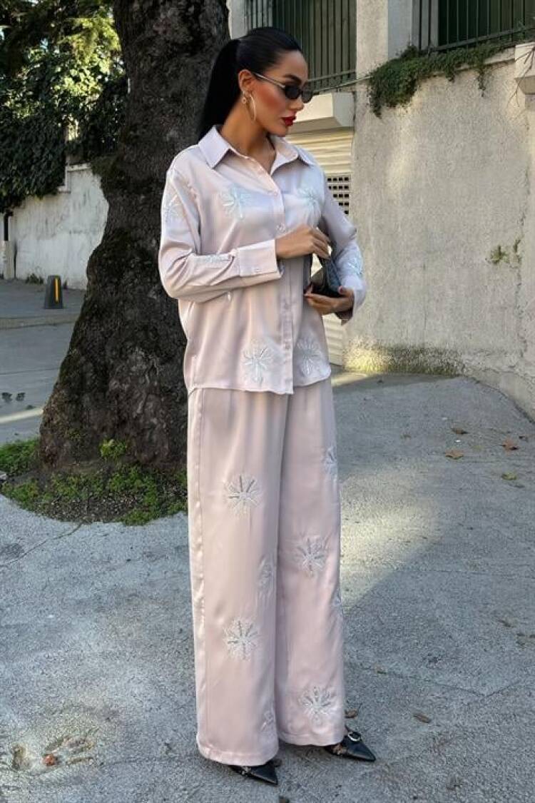 Sequin Sequin Silvery Floral Satin Double Set - Sobe Istanbul - Globality Store - Women Clothes Wholesale Turkey