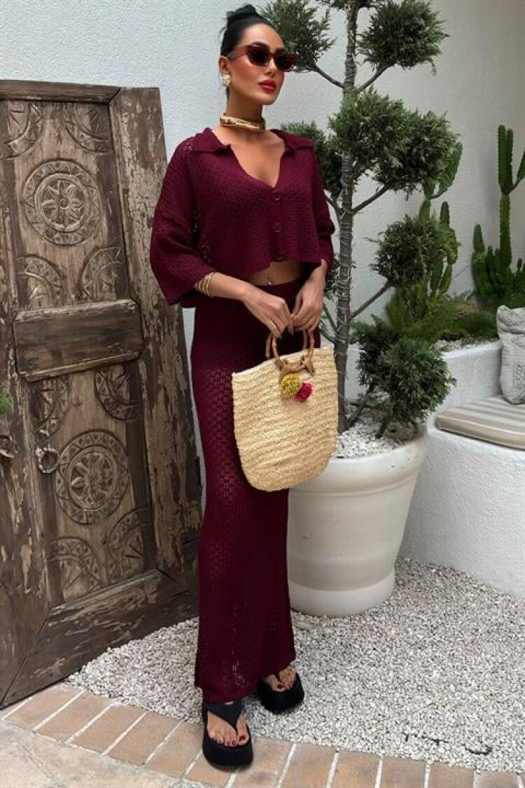 Jenny Openwork Skirt Set - Burgundy