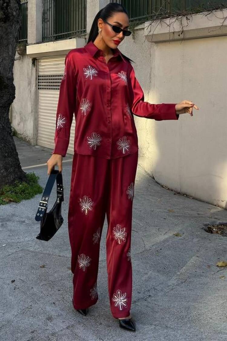 Sequin Silvery Floral Satin Double Set With Sequins - Burgundy - Sobe Istanbul - Globality Store - Women Clothes Wholesale Turkey