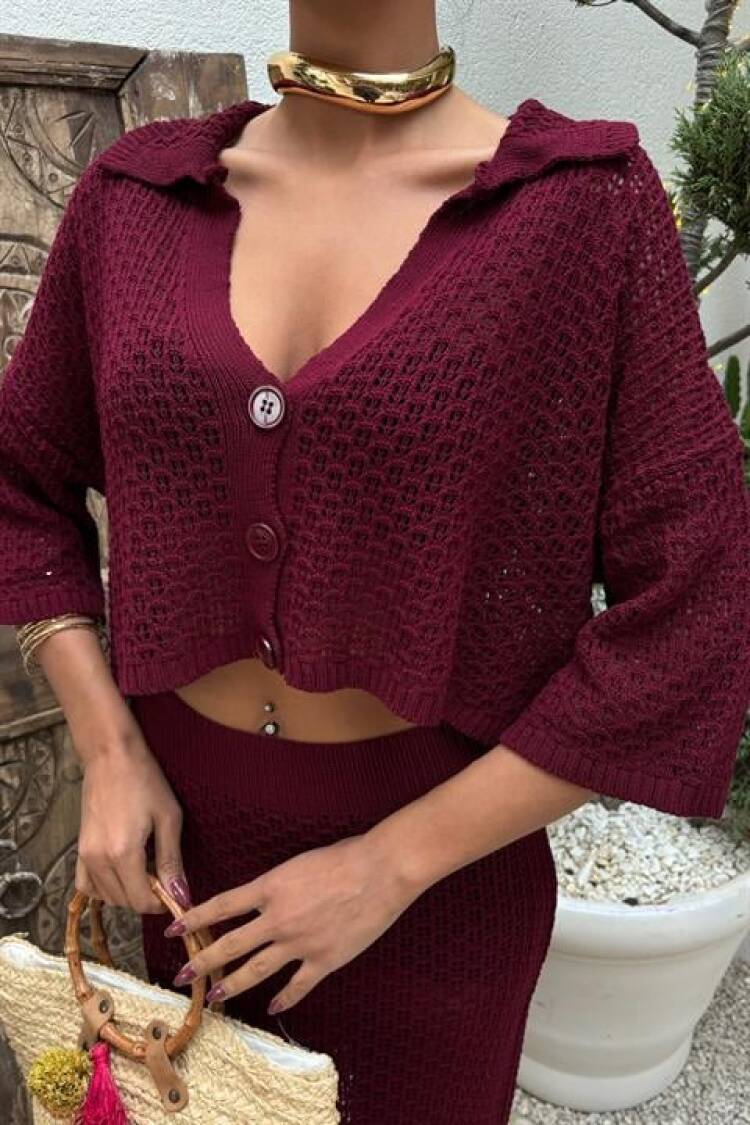 Jenny Openwork Skirt Set - Burgundy