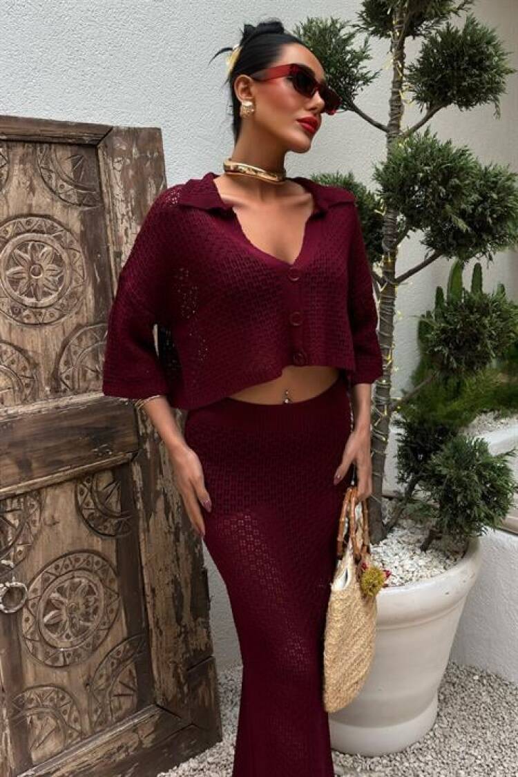Jenny Openwork Skirt Set - Burgundy