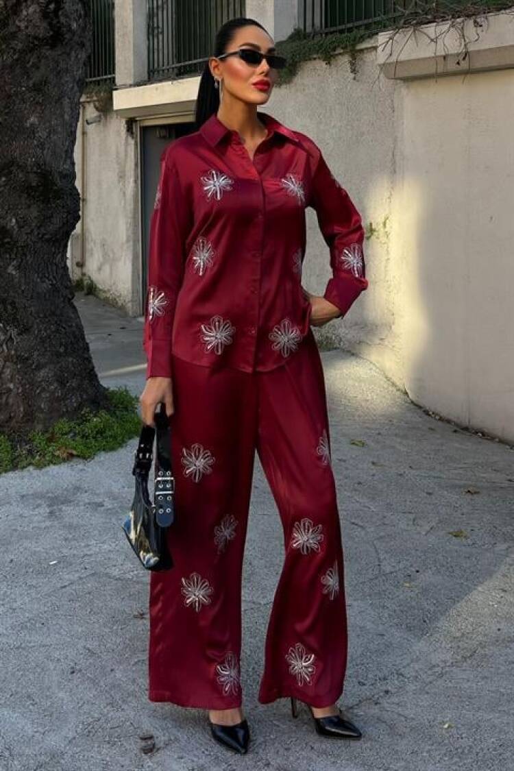 Sequin Silvery Floral Satin Double Set With Sequins - Burgundy