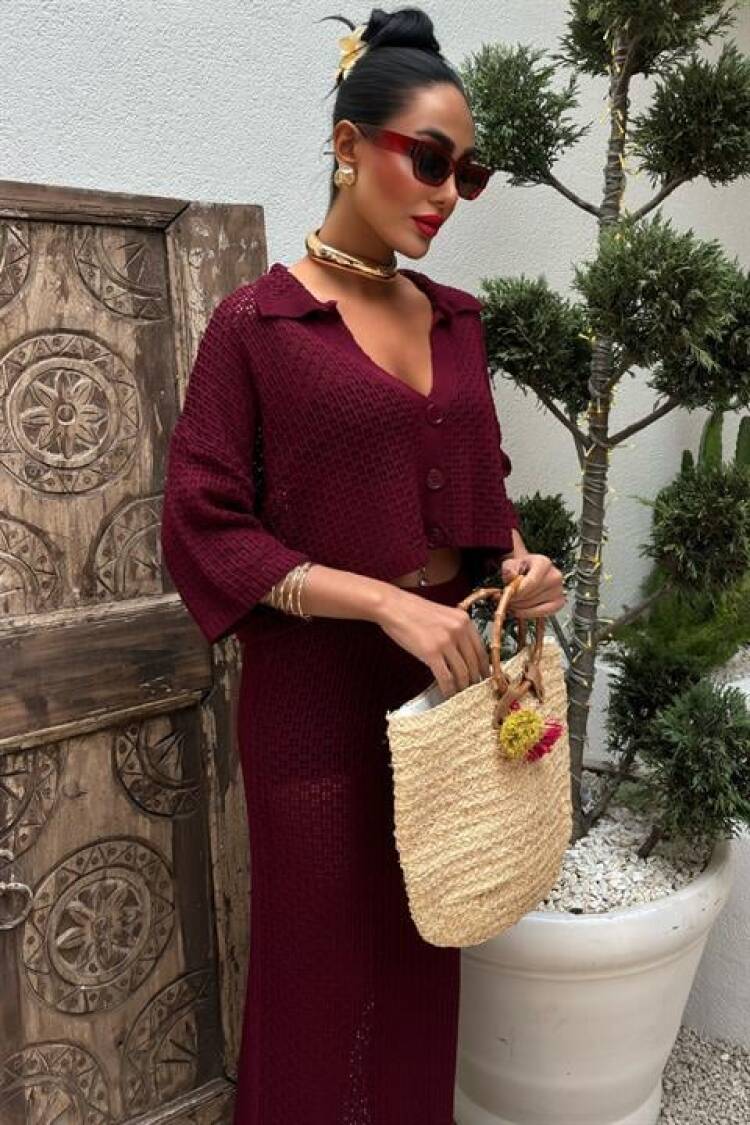 Jenny Openwork Skirt Set - Burgundy