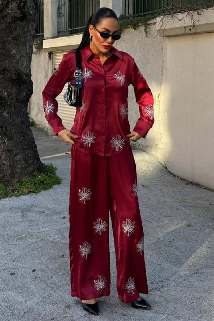 Sequin Silvery Floral Satin Double Set With Sequins - Burgundy