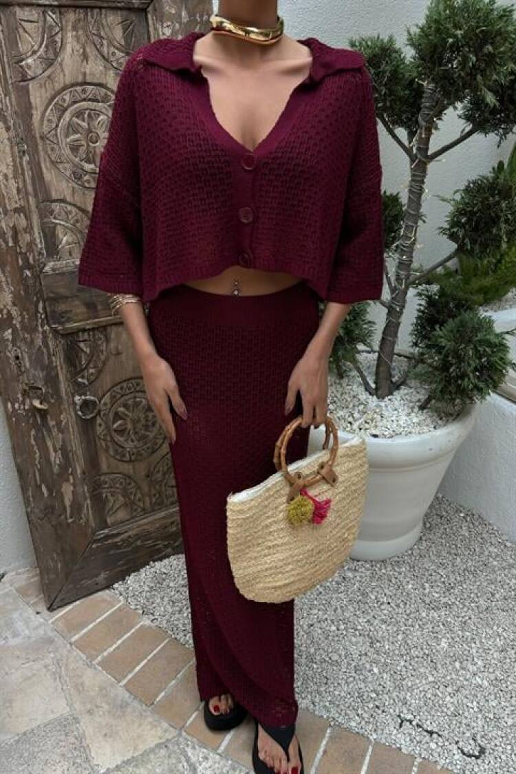 Jenny Openwork Skirt Set - Burgundy