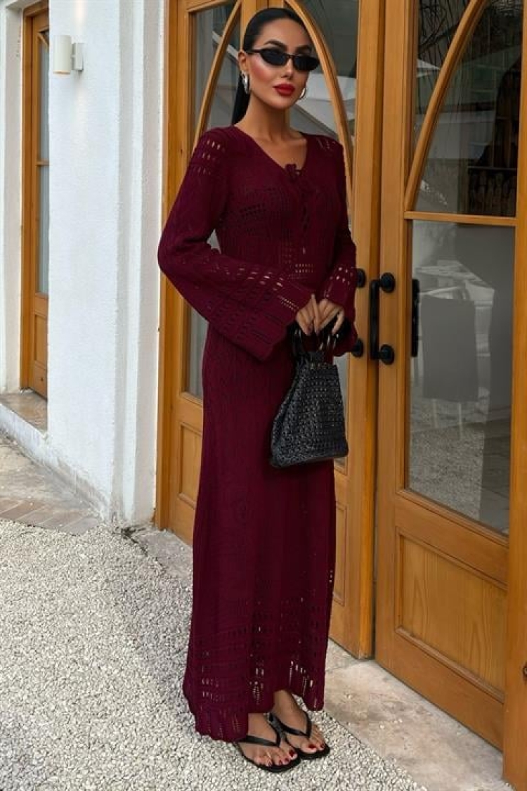 Brit Detailed Openwork Dress - Burgundy