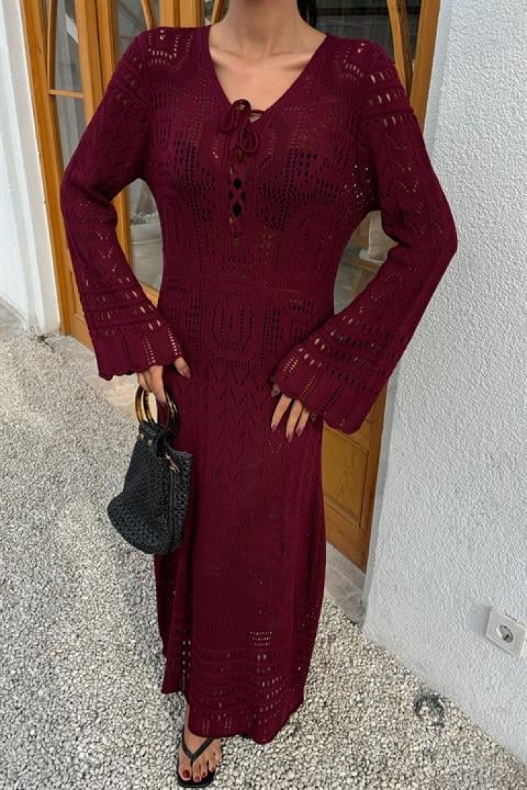 Brit Detailed Openwork Dress - Burgundy