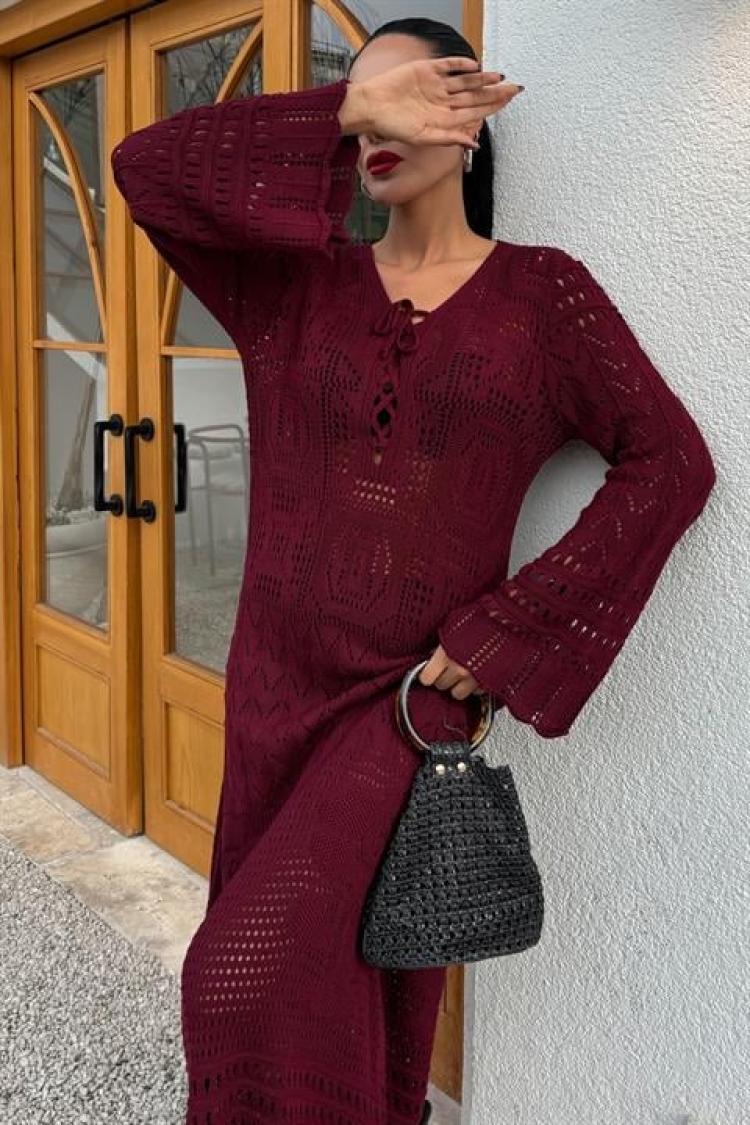 Brit Detailed Openwork Dress - Burgundy