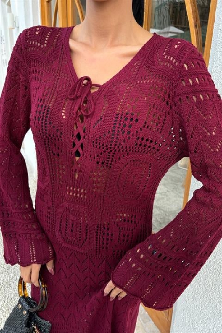 Brit Detailed Openwork Dress - Burgundy