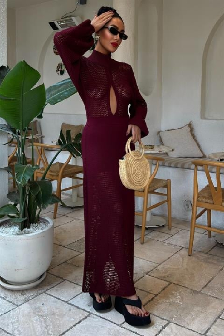 Openwork Knitwear Dress - Burgundy