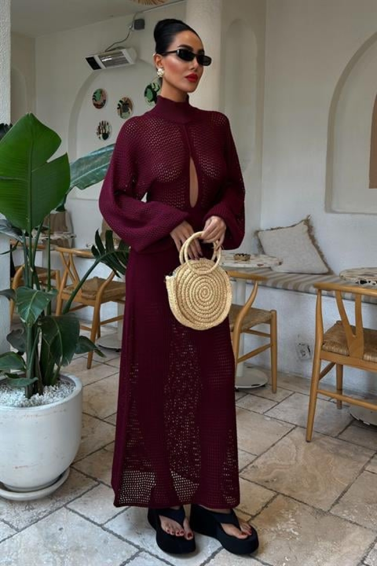 Openwork Knitwear Dress - Burgundy - Sobe Istanbul - Globality Store - Women Clothes Wholesale Turkey