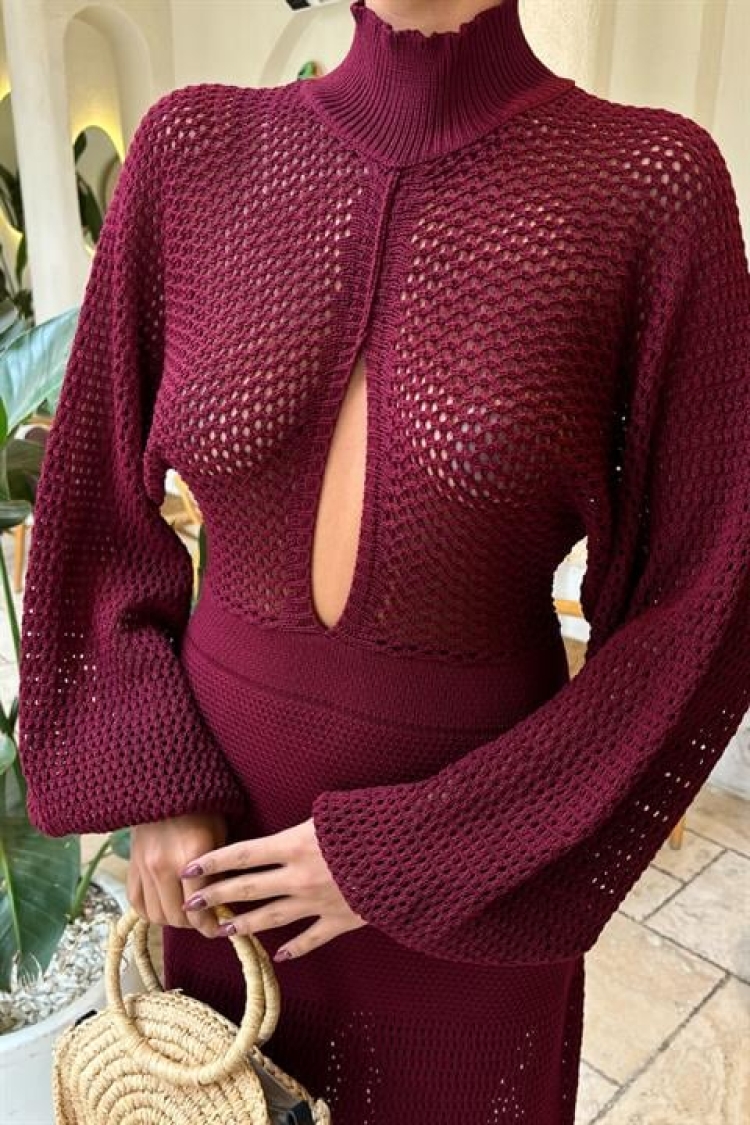 Openwork Knitwear Dress - Burgundy