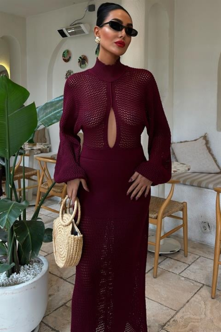 Openwork Knitwear Dress - Burgundy