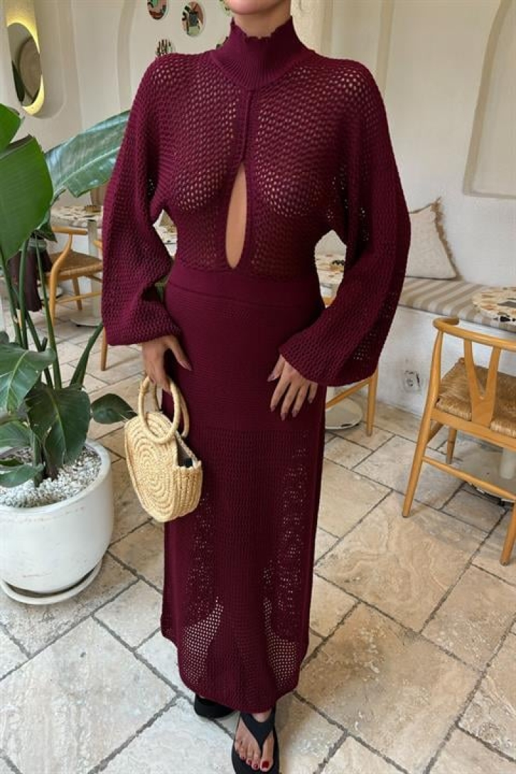 Openwork Knitwear Dress - Burgundy