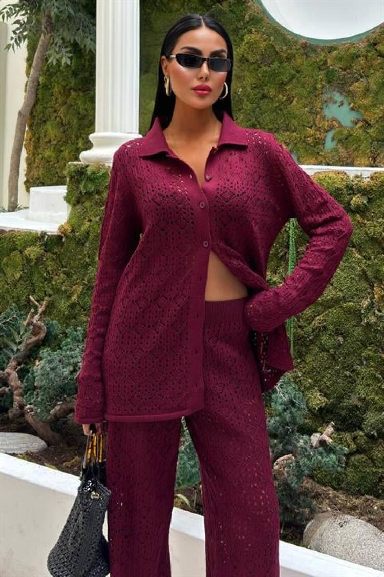 Openwork Knitwear Trousers Set - Burgundy
