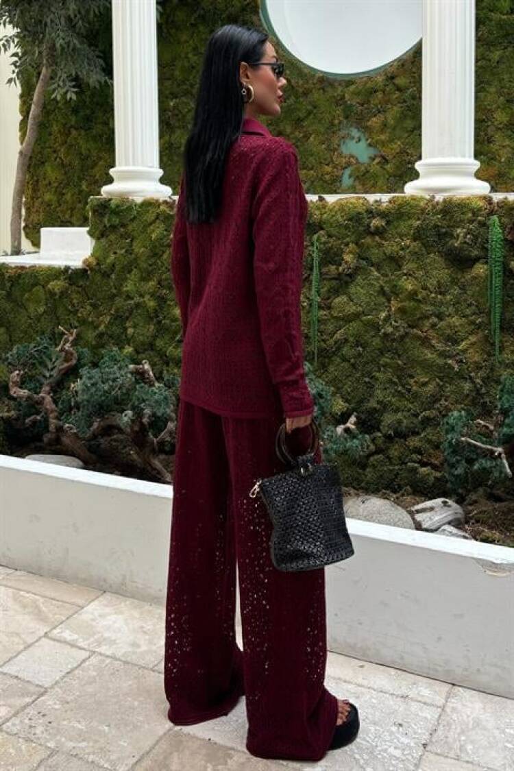 Openwork Knitwear Trousers Set - Burgundy