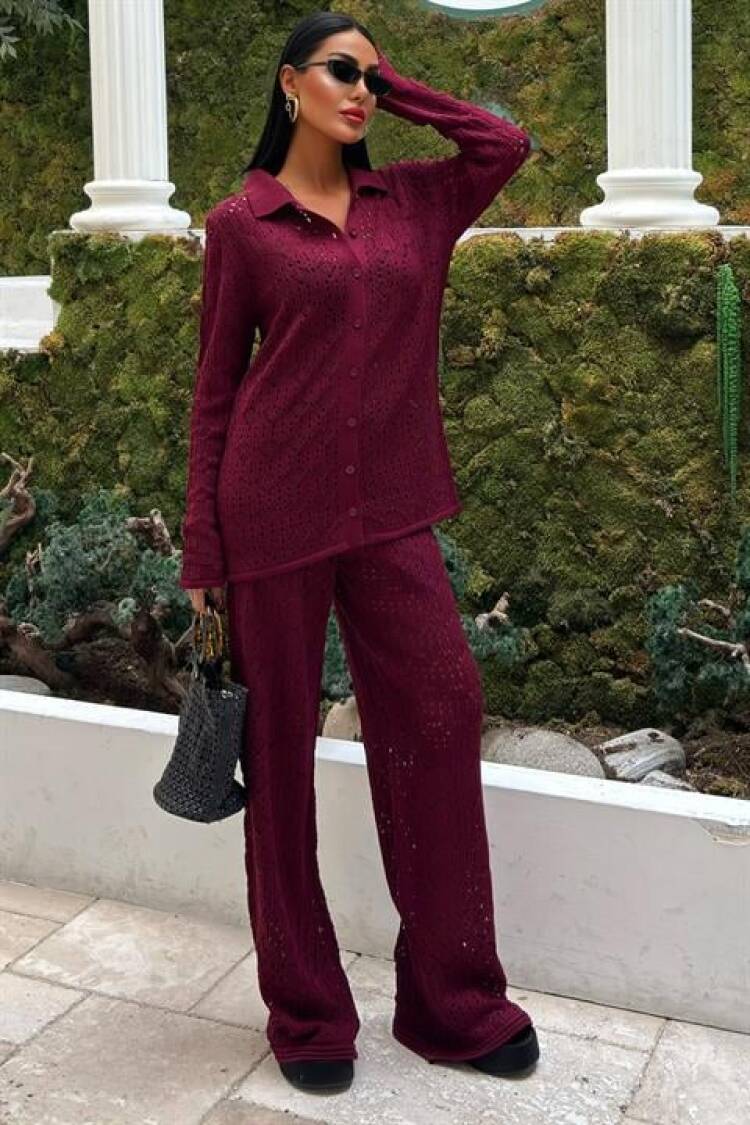 Openwork Knitwear Trousers Set - Burgundy