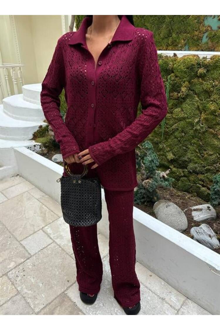 Openwork Knitwear Trousers Set - Burgundy