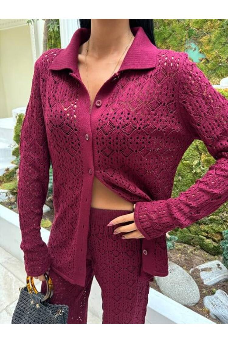 Openwork Knitwear Trousers Set - Burgundy