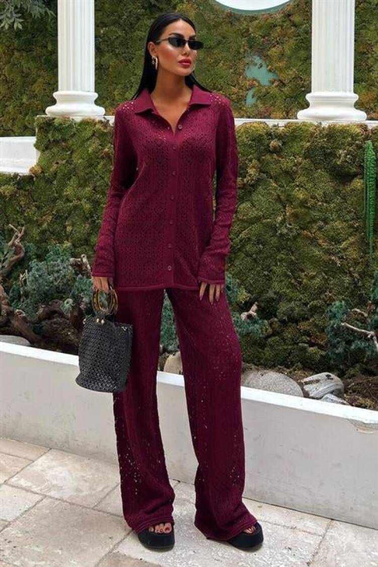 Openwork Knitwear Trousers Set - Burgundy - Sobe Istanbul - Globality Store - Women Clothes Wholesale Turkey