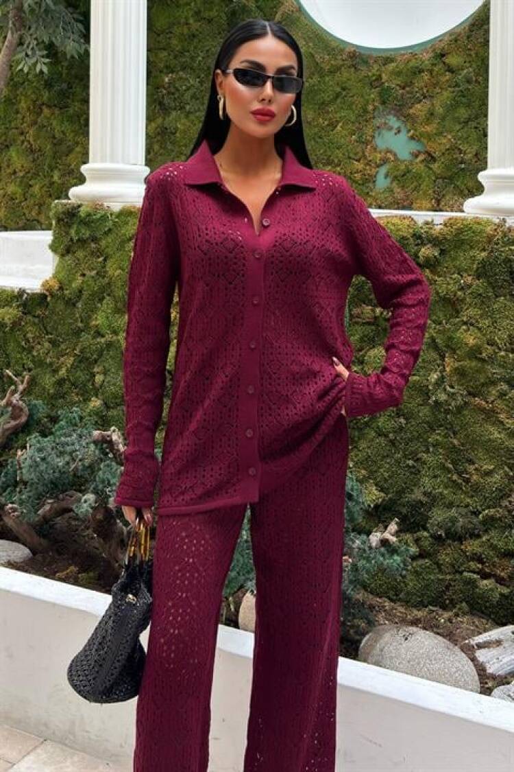 Openwork Knitwear Trousers Set - Burgundy