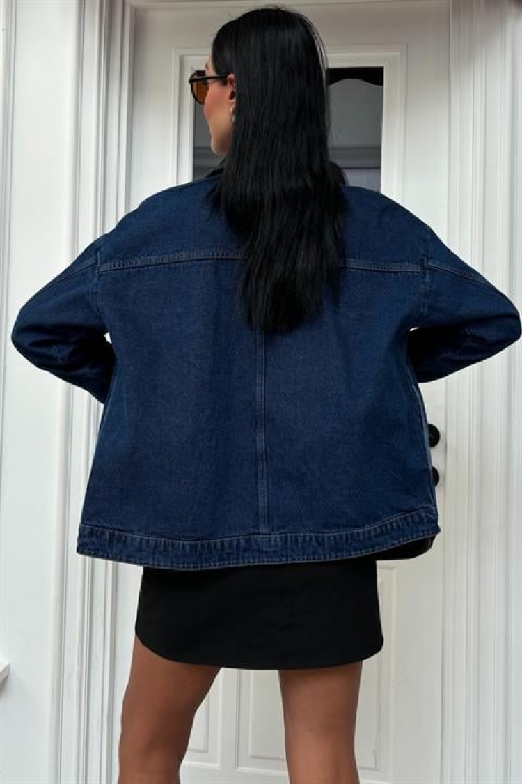 Collar Black Garnished Sequin Stone Oversize Denim Jacket - Blue