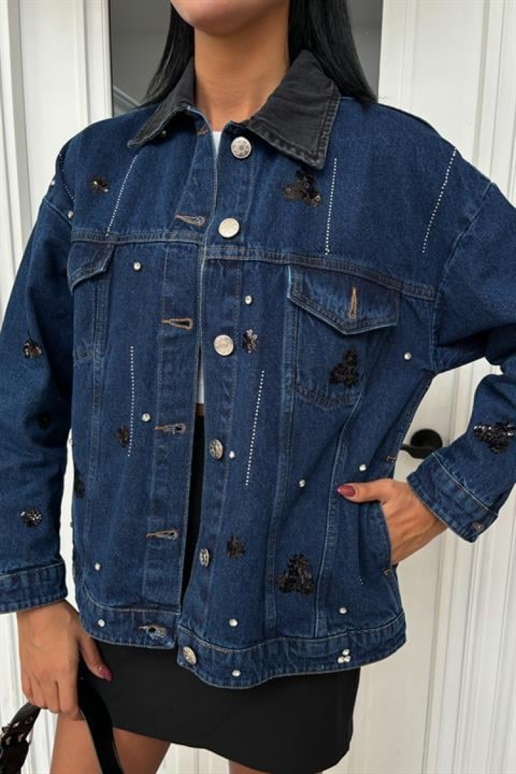 Collar Black Garnished Sequin Stone Oversize Denim Jacket - Blue