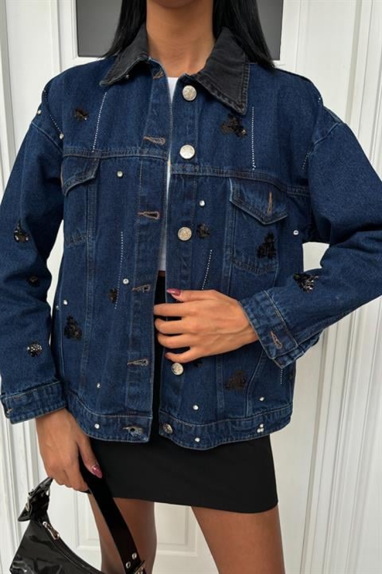 Collar Black Garnished Sequin Stone Oversize Denim Jacket - Blue