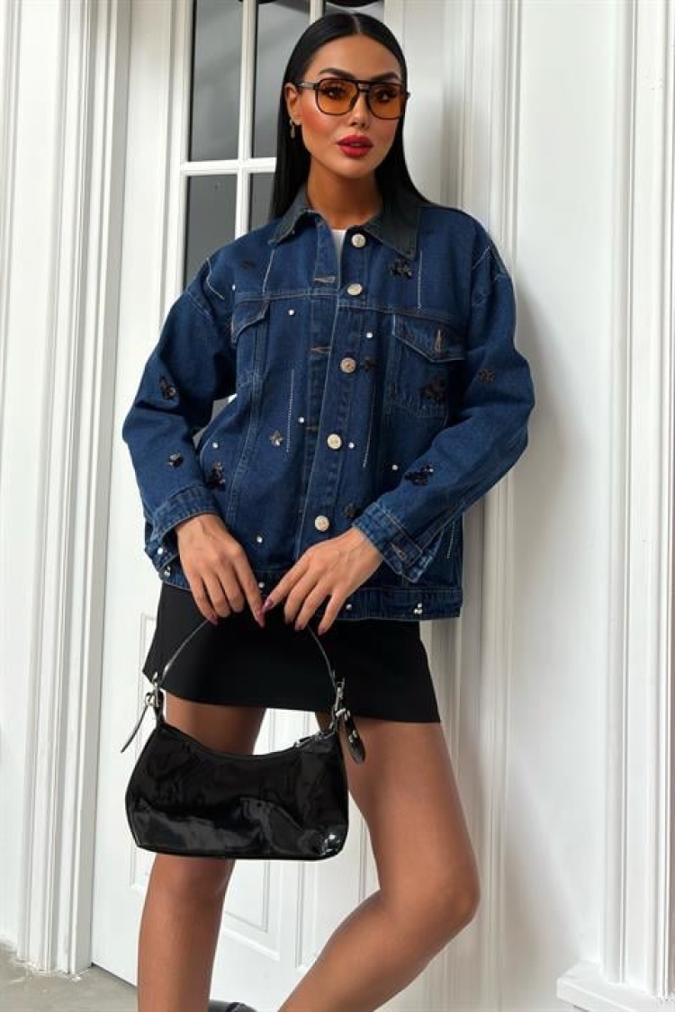 Collar Black Garnished Sequin Stone Oversize Denim Jacket - Blue