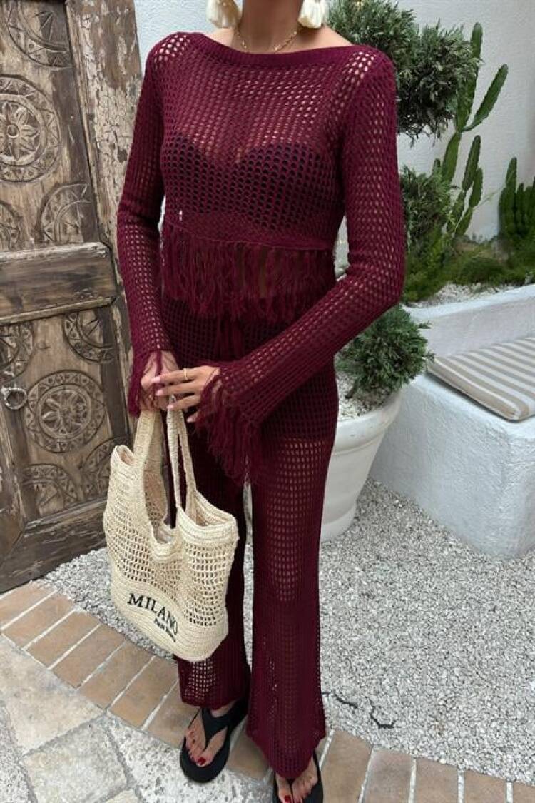 Tassel Detailed Openwork Knitwear Set - Burgundy