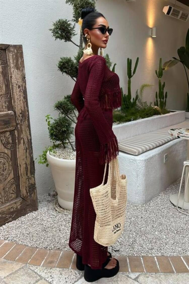 Tassel Detailed Openwork Knitwear Set - Burgundy