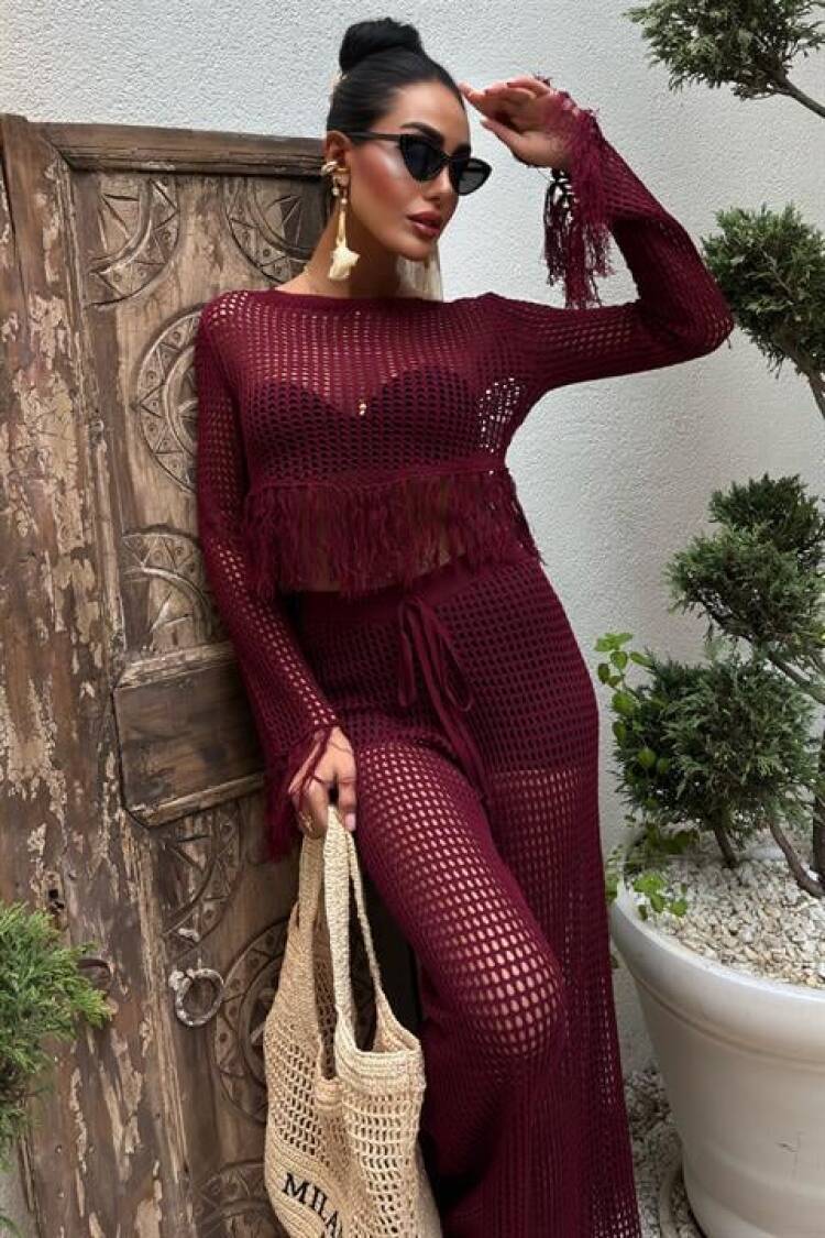 Tassel Detailed Openwork Knitwear Set - Burgundy