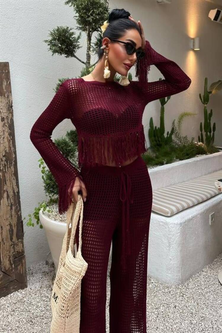 Tassel Detailed Openwork Knitwear Set - Burgundy