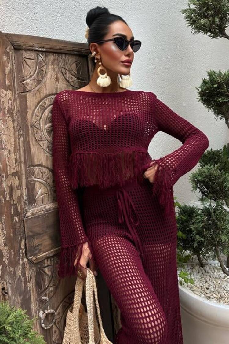 Tassel Detailed Openwork Knitwear Set - Burgundy