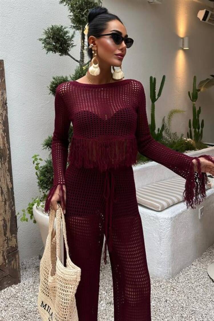 Tassel Detailed Openwork Knitwear Set - Burgundy