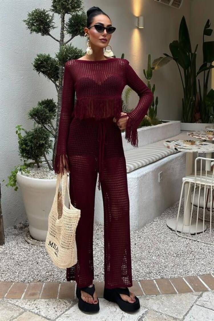 Tassel Detailed Openwork Knitwear Set - Burgundy - Sobe Istanbul - Globality Store - Women Clothes Wholesale Turkey