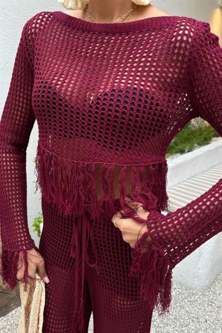 Tassel Detailed Openwork Knitwear Set - Burgundy