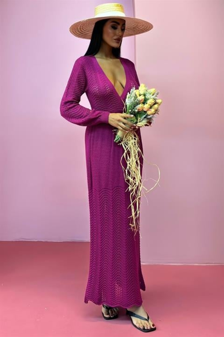 Deep Neck Knitwear Dress - Purple