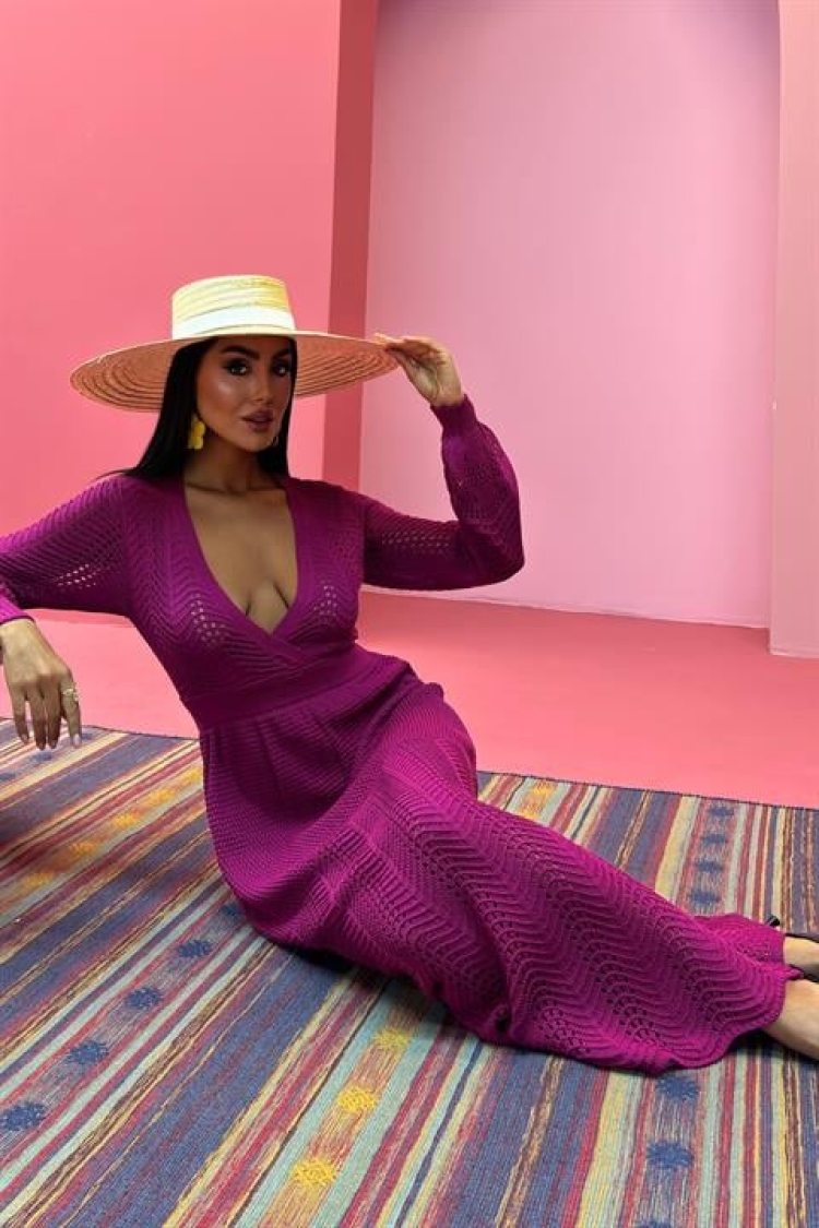 Deep Neck Knitwear Dress - Purple