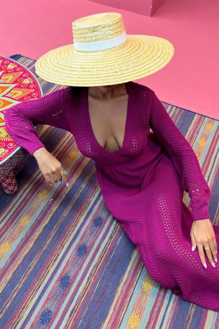 Deep Neck Knitwear Dress - Purple