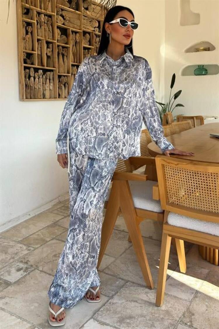 Snake Pattern Satin Sash Suit - Multicolor - Sobe Istanbul - Globality Store - Women Clothes Wholesale Turkey