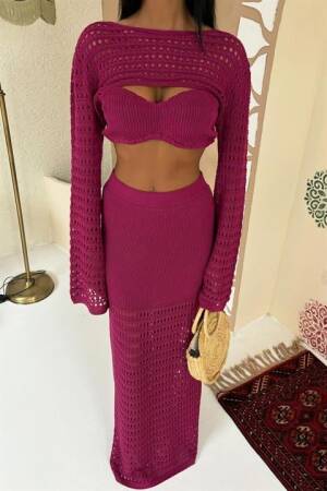 Openwork Triple Set With Bustier And Bolero - Plum - Sobe Istanbul - Globality Store - Women Clothes Wholesale Turkey
