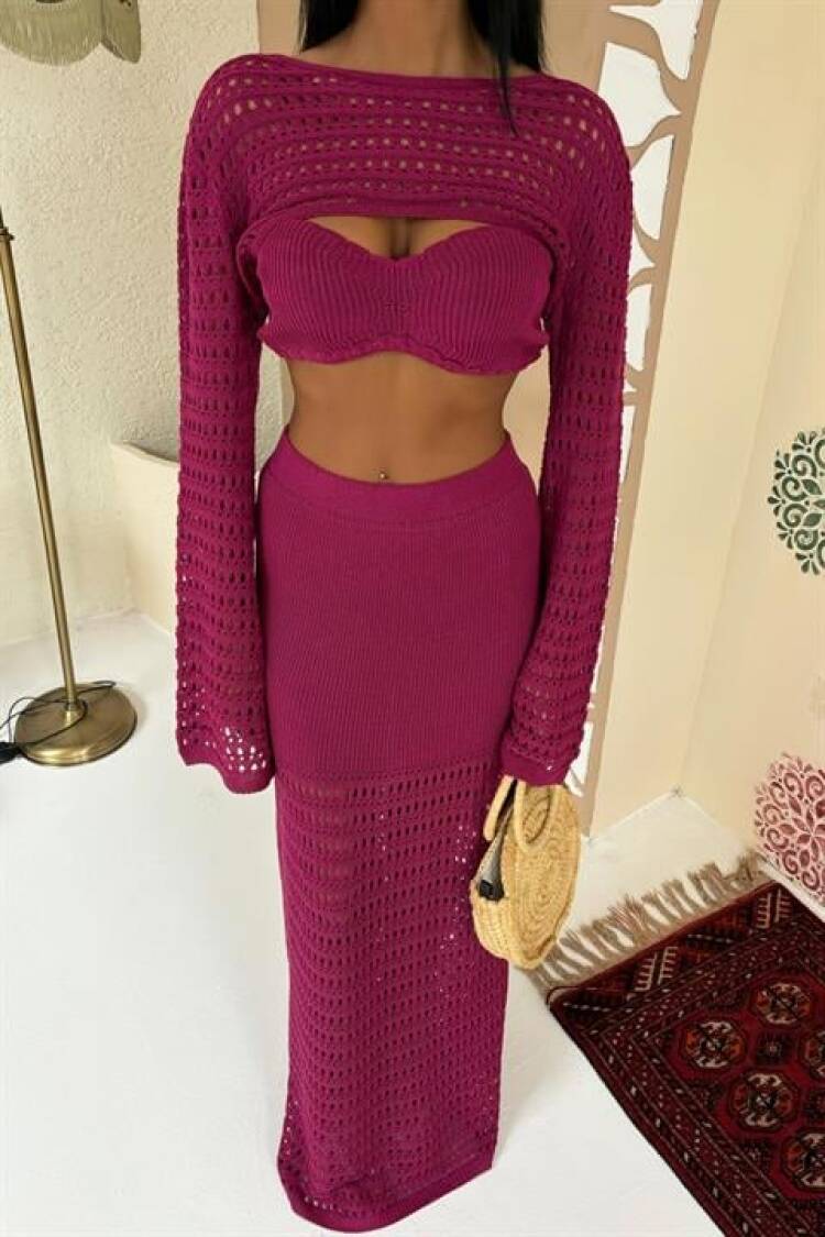 Openwork Triple Set With Bustier And Bolero - Plum